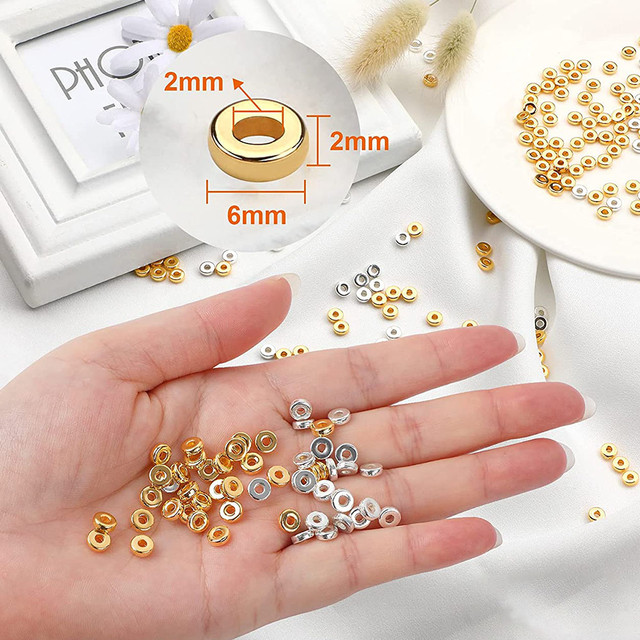 250pcs Flat Round Spacer Beads Gold & Silver Color Disc Loose Beads for  Jewelry Making DIY